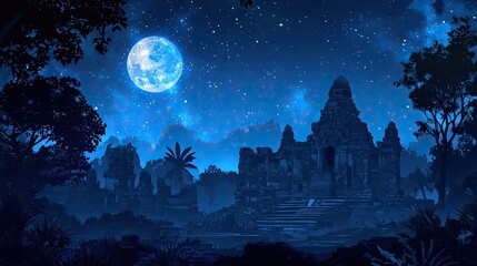 Naklejka premium Ancient temple ruins are bathed in moonlight under a starry sky