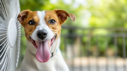 Happy dog enjoying breeze from fan on a sunny day