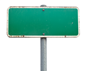 A rusted green street sign stands tall on a metal post. The sign lacks any markings or text, leaving it completely blank in this urban setting, suggesting an area with no specified information