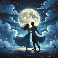 Dreamy Illustration of a Couple Dancing Under a Full Moon and Stars

