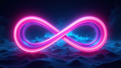 Futuristic tech logo with neon pink infinity symbol against a dark background.