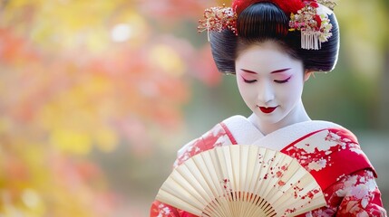 Asian female geisha in traditional kimono with fan and floral hairstyle in autumn setting