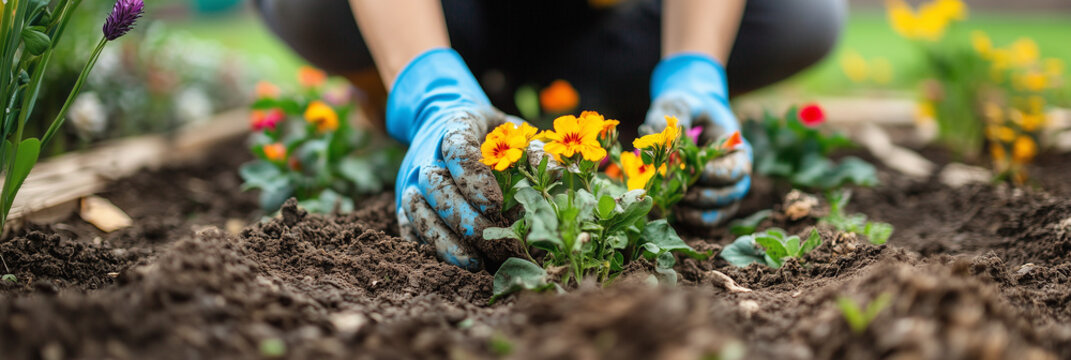 Gardener Planting Colorful Flowers - Web Banner with Copy Space (Perfect for Spring Campaigns, Eco Brands & Gardening Blogs)
