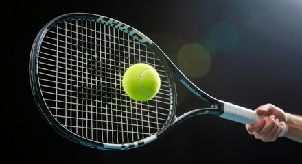 Raqueta de tenis con pelota a punto de ser golpeada