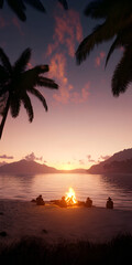 A pirate crew gathered around a bonfire on a tropical beach, celebrating their latest successful raid.

