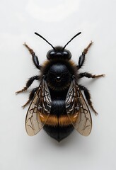 Detailed Closeup of a Black Bee Intricate Wings and Tiny Hairs Visible Against a White Background