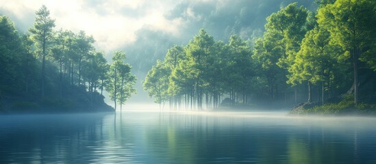 Fototapeta premium Misty Forest Lake Sunrise