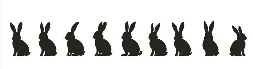 Fototapeta premium Minimalist Rabbit Silhouettes - Row of Simple Vector Bunny Shapes (AI Clip Art) - Isolated on White Background for Easter Designs, Packaging & Branding - Scalable Black & White Vector Graphic
