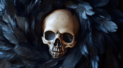 Close-up of a spooky wreath made from black feathers and skull accents for Halloween