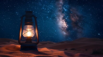 Vintage oil lantern glows softly in desert nightscape with starry sky, milky way, sand dunes, and dramatic cinematic lighting under clear astronomical conditions.