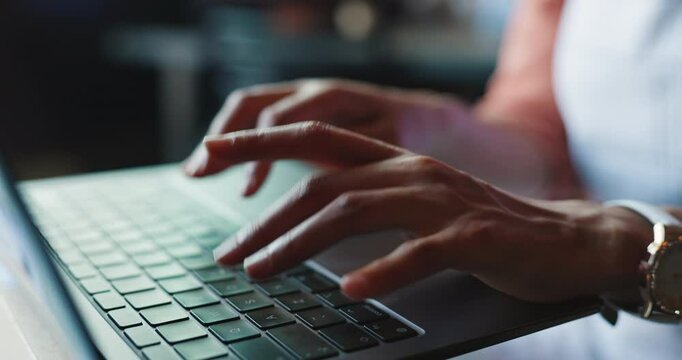 Laptop, hands and woman typing in office for copywriting, article or story for social media platform. Computer keyboard, closeup and person writing blog for review, editing and creative in startup