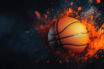 Fototapeta premium Dark web banner with detailed orange basketball and copy space for text. AI generated illustration.
