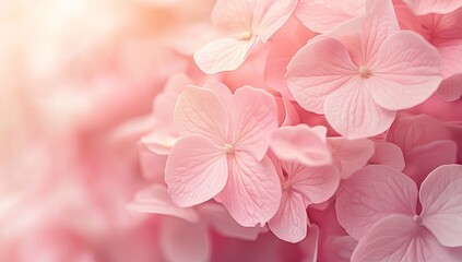 Close-up of delicate, soft pink hydrangea blossoms