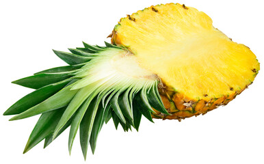 Pineapple isolated png. Pineapple half with leaves on transparent background. Cut pineapple no background. Sliced pineapple transparent png. Full depth of field.