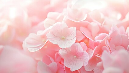 Delicate pastel pink hydrangea blossoms in soft focus