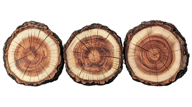 Tree trunk cross sections isolated on white or transparent background.