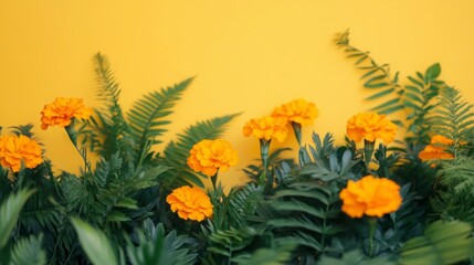 A beautiful combination of bright orange marigolds and lush green plants, set against a cheerful yellow background.