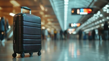 A close-up shot of a single stylish suitcase standing upright in an airport