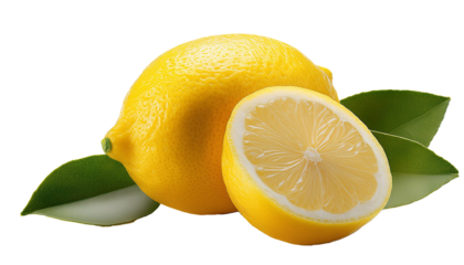 Fresh lemons showing juicy half and whole fruit on transparent background