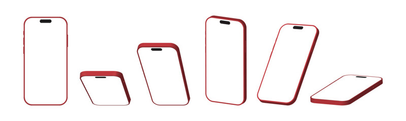 3D Red Smartphone and Mobile Phone Mockup: Multiple Angles with White Screen on White Background.  Vector illustration.