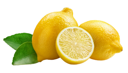 Fresh lemons showing juicy half and whole fruit on transparent background