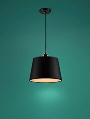Elegant Black Pendant Lamp Hanging Against a Vibrant Turquoise Wall in Modern Interior Design