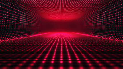 Fototapeta premium Red light grid background with glowing dots creates mesmerizing visual effect, evoking sense of depth and movement in dark space. Perfect for digital art and design projects