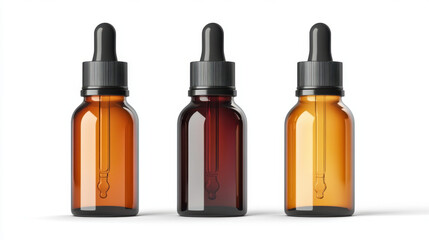 Amber glass dropper bottles are displayed in row, showcasing their sleek design and practical use for essential oils or serums. bottles have black droppers, enhancing their aesthetic appeal