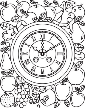 Fancy Clocks and Fruit Adult Coloring Book Detailed Pages for Relaxation and Creativity