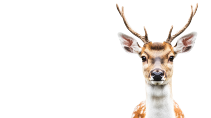 Fallow deer head with antlers, white neck, closeup portrait, isolated, cut out transparent