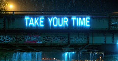 Soft blue neon message take your time in bold font mounted on side of bridge support beam under soft rain graffiti and running water below
