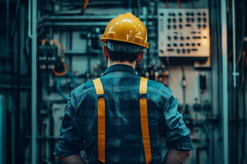 Fototapeta premium A man in a hard hat works on an electrical panel genertative ai