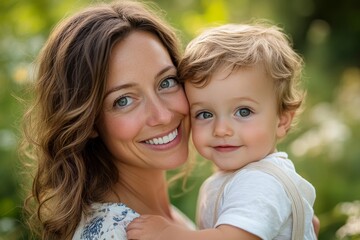 Playful Mother and Son Pose for a Portrait Outdoors, Generative AI