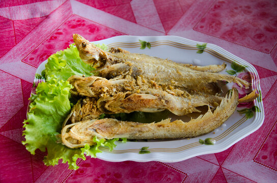 Fried Sheatfishes or Siluridae fresh river fish with garlic and pepper severe with vegetable
