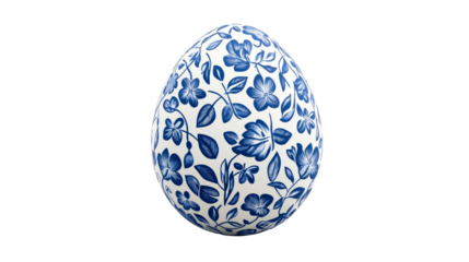 Egg with blue floral pattern on black background, cut out transparent