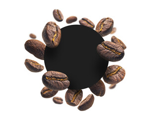 Coffee beans on a white background with a black circle in the center