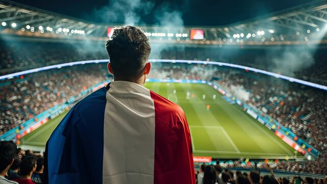 A supporter with a French flag on his shoulders watches a game at the stadium.
Concept of: National identity.