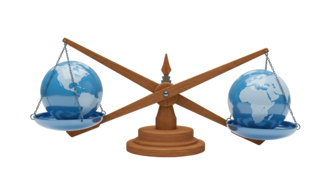 Isolated Scales Balancing Two Globes Depicting Global Equality