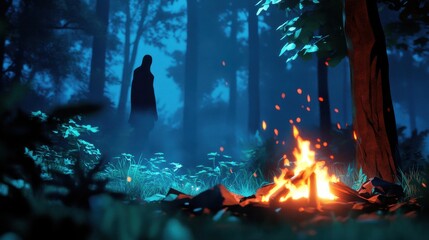 Fototapeta premium Mysterious Figure Near Campfire in Misty Forest at Night