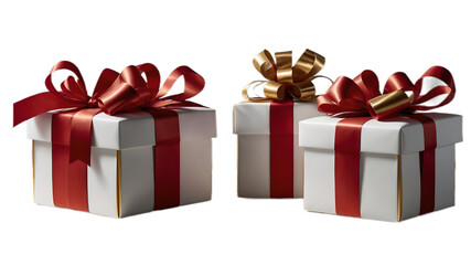 A collection of red and white gift wrapped presents with a red and gold transparent background.