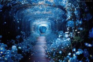 Naklejka premium Blue flower tunnel outdoors nature illuminated.