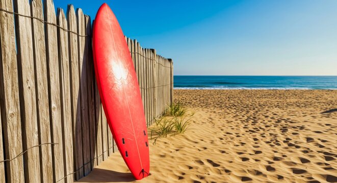 Tabla de surf roja en playa soleada