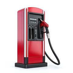 A vibrant red gas pump stands isolated featuring a black hose and nozzle presented on a clean white background.
