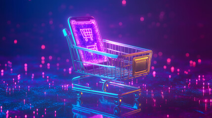 Neon Shopping Cart with Smartphone