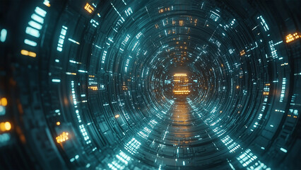 Fototapeta premium Dramatic high-tech circular pattern background. Glowing lines and illuminated dots on a dark background. Technology wallpapers and digital designs.