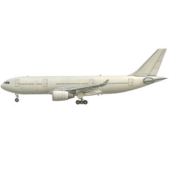 Side view of a white passenger jet landing gear down isolated on a white background.