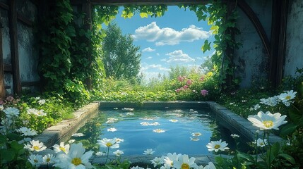Charming Rainwater Collection Pool in Garden, Surrounded by Vines and Flowers