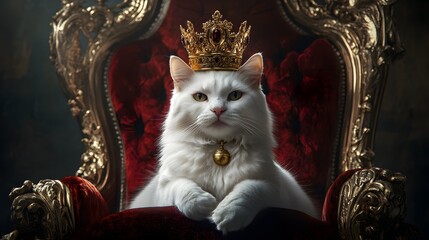 Regal white cat wearing a golden crown, sitting proudly on a luxurious throne.

