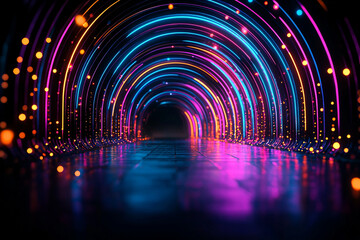 Fototapeta premium vibrant neon tunnel with glowing lines and colorful lights creates mesmerizing atmosphere. illuminated path leads into mysterious space, evoking sense of wonder and excitement