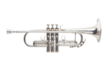 Obraz premium Silver trumpet isolated on white background with detailed valves and mouthpiece, cut out